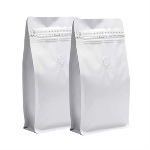 Белый пакет для кофе 135*265+75 мм / 0.5 кг / 8-шовный с замком zip-lock / клапан дегазации